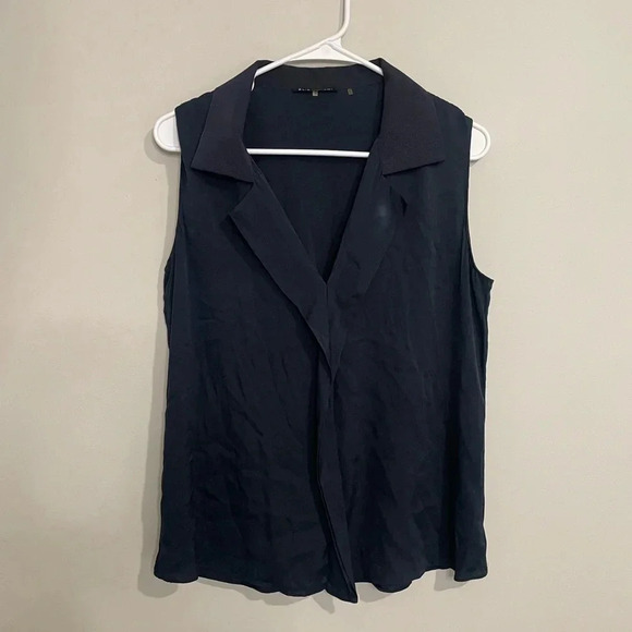 Elie Tahari Navy Silk Collared Sleeveless Blouse - Picture 1 of 8